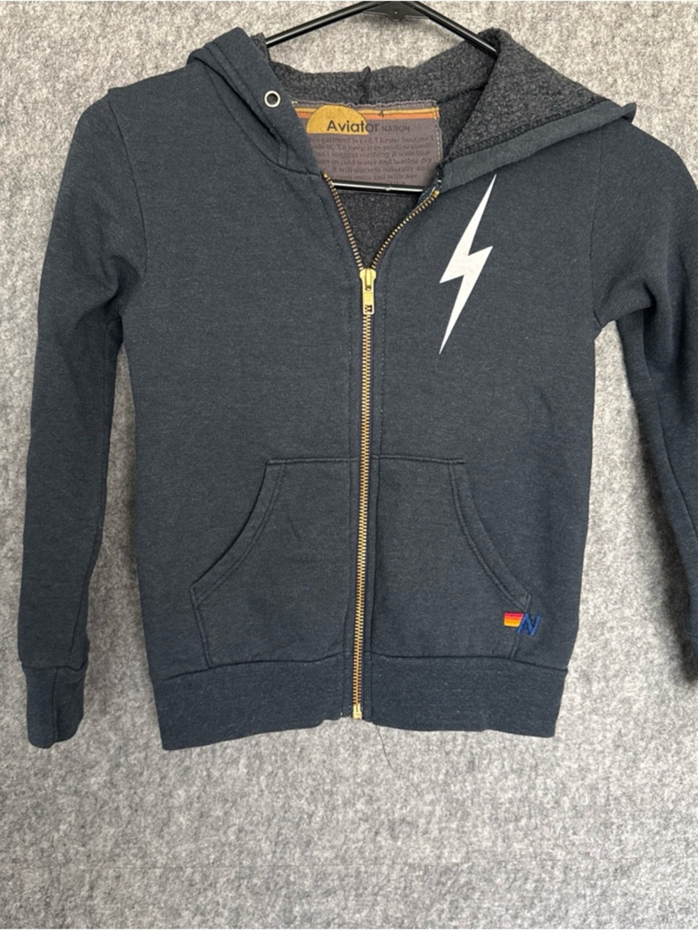 Aviator Nation Kids Charcoal Hoodie with White Lightning & Gold Zipper